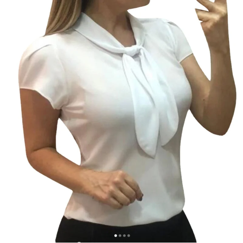 

Elegant Bow Tie Women Shirt Spring Autumn Ladies Solid Short Sleeve Shirts Casual Blouses Vintage Tops 2021 Women Tops