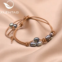 xlentag handmade fresh water black pearl 2 layer cowhide leather bracelets for women party daughter girls ethnic jewelry gb0162