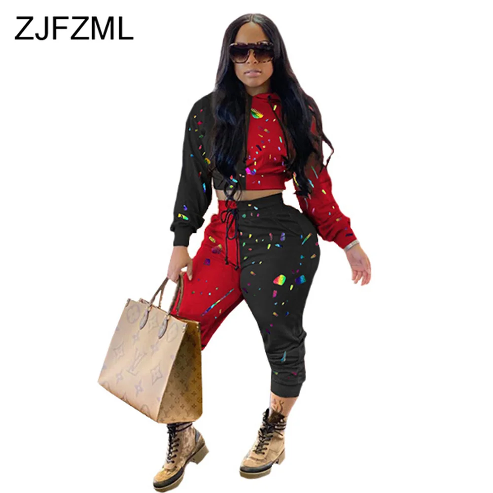 

Contrast Color Splash Ink Long Sleeve Hooded Crop Top and High Waist Drawstring Sweatpant Jogging Suits for Women 2 Piece Outfit
