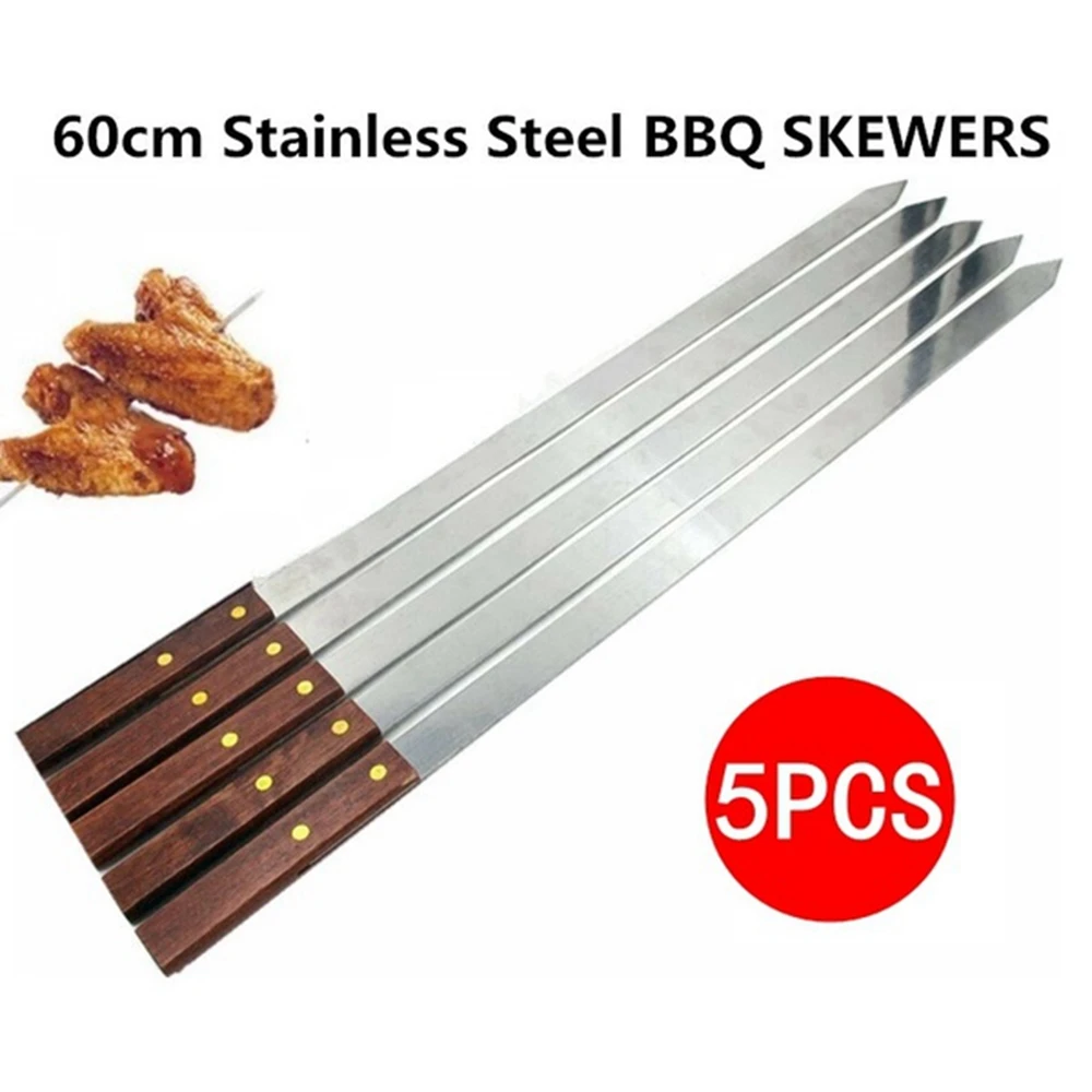 

5Pcs/Set Stainless Steel Wide BBQ Skewers Long Wood Handle Barbecue Fork Stick