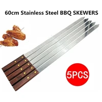 5pcsset stainless steel wide bbq skewers long wood handle barbecue fork stick