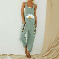 summer indie print boho rompers women daisy printed jumpsuits sleeveless casual plus size strap playsuits pocket loose homewear