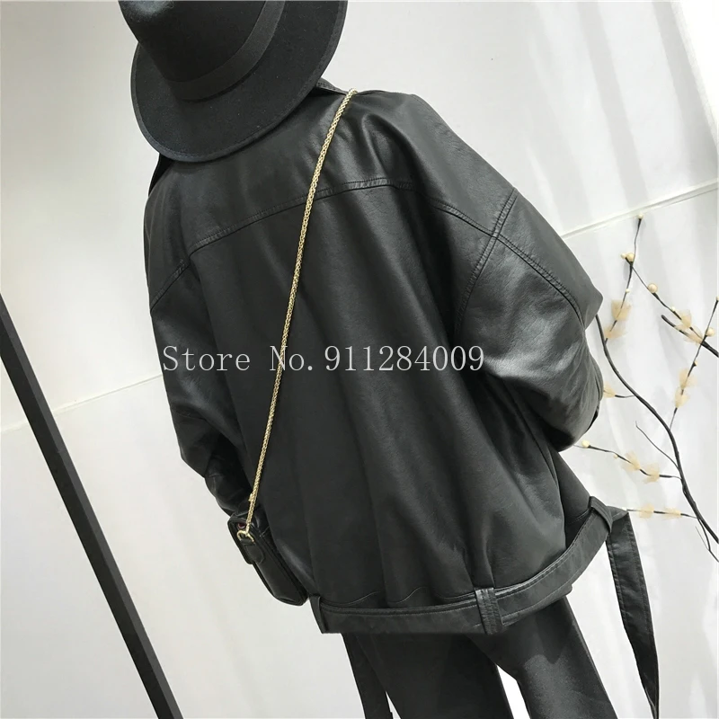 

High Quality 2021 Spring Black PU Leather Loose Turn-down Collar Zipper Fashion New Women's Wild Jacket LA938