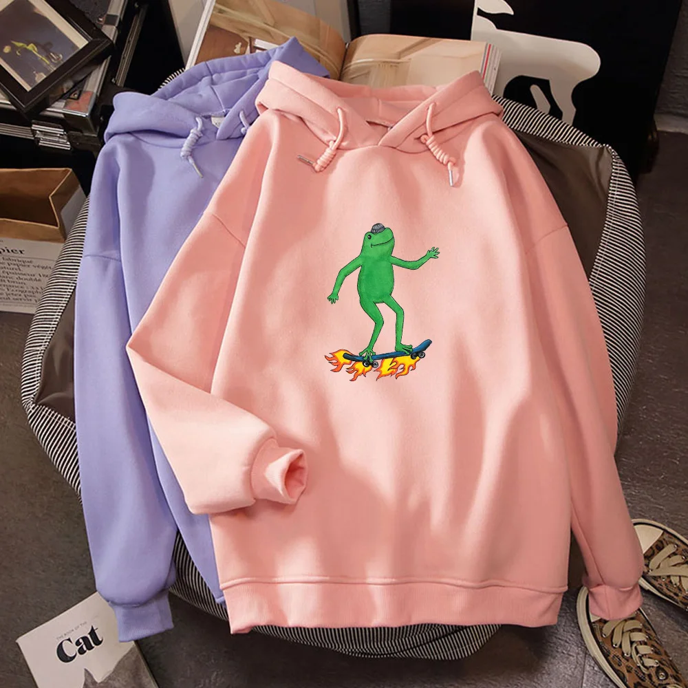 

Winter Frog Oversized Sweatshirt Streetwear Women Hoodies Harajuku Warm Pullover Drawstring Pink Womens Korean Style