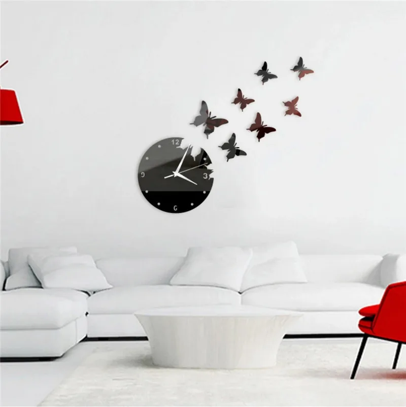 Настенные часы-бабочка зеркальные наклейки на стену 2 цвета 3D украшение для