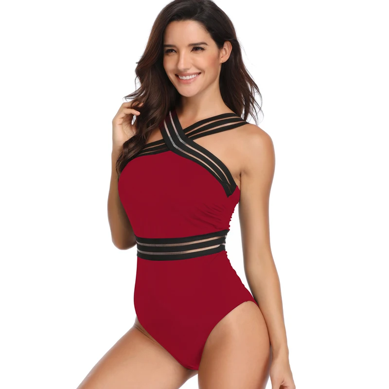 Swimsuit One Piece Sexy 2021Summer Solid Color Polyester High Quality Beachwear Strapless Cross Strap Hollow Out Swimwear