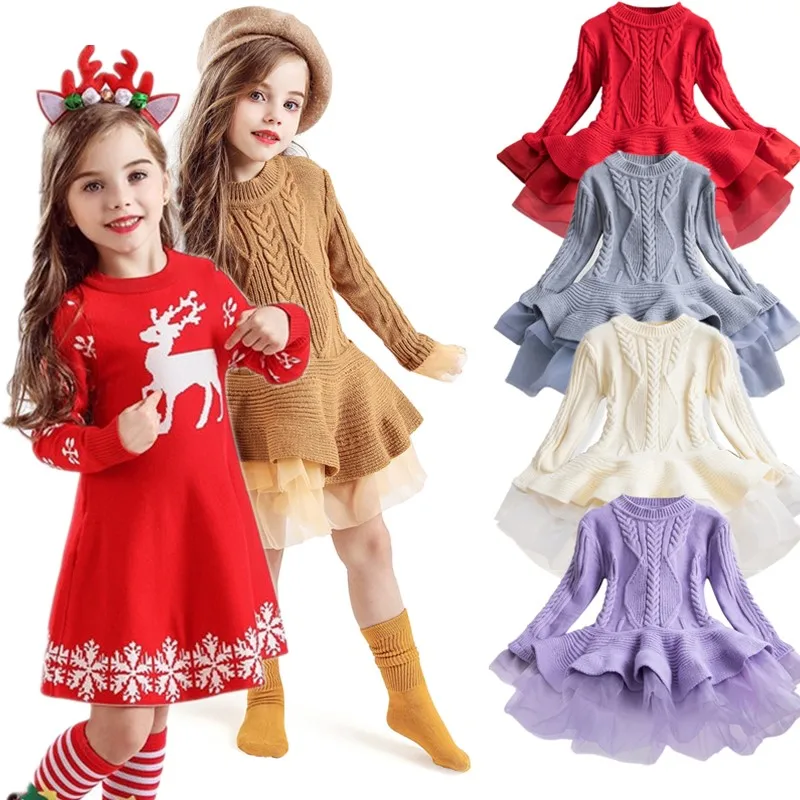 Рождественское платье для девочек новогодние костюмы детское вязаное
