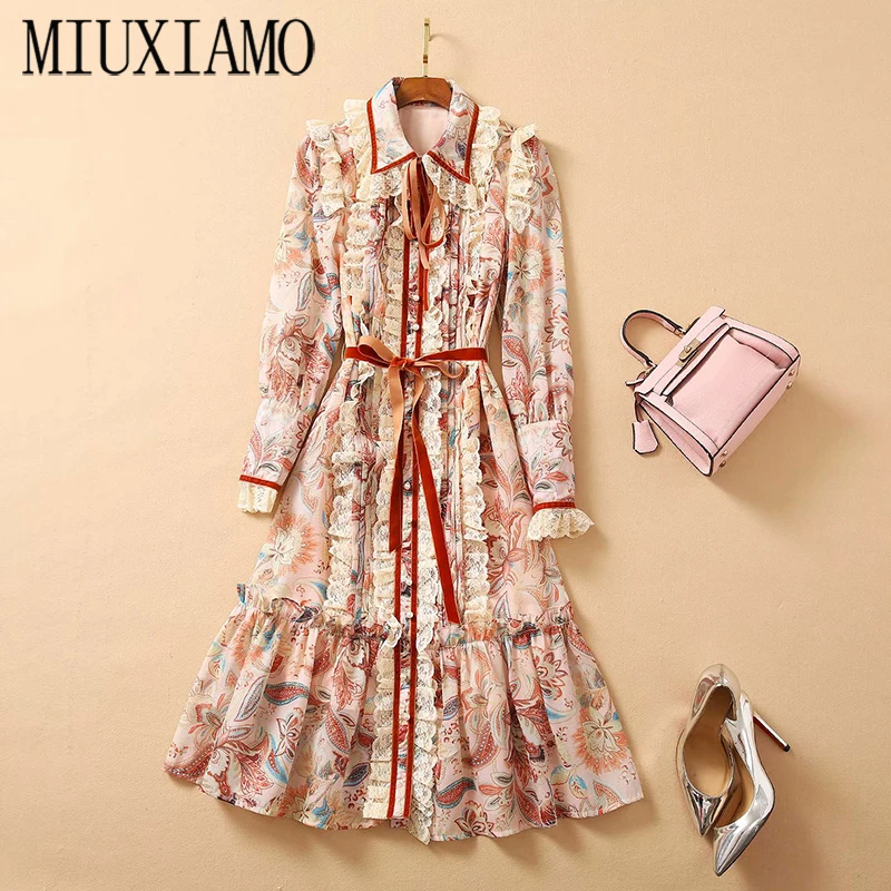 

MIUXIMAO 2020 Fall Dress Newest Leaf Print Full Sleeve Elegant Slim Casual Lace Office Lady Long Dress Women Vestidos