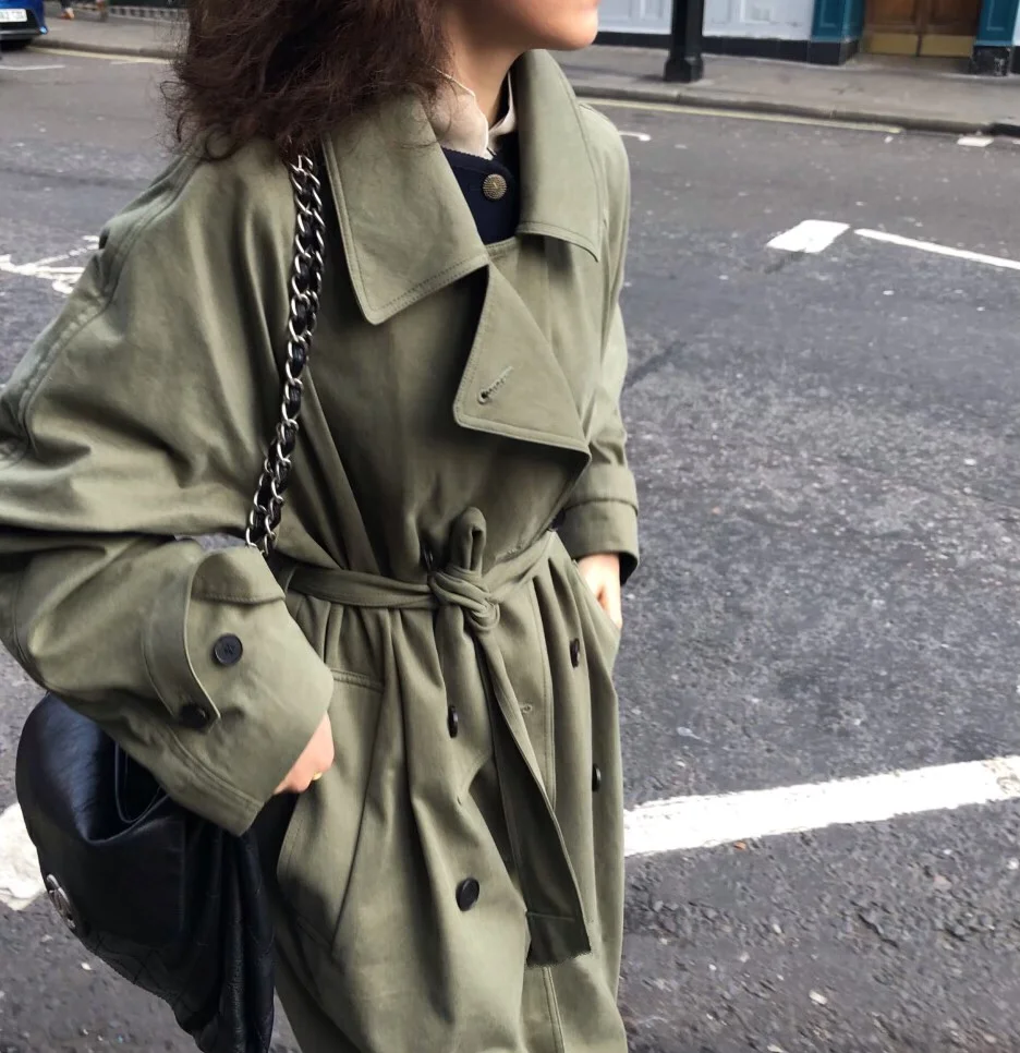

Women's Trench Coats Double-Breasted Long Coat With Belt Vintage Outwear Loose Lace-up Trench Turn Down Collar Sold Color