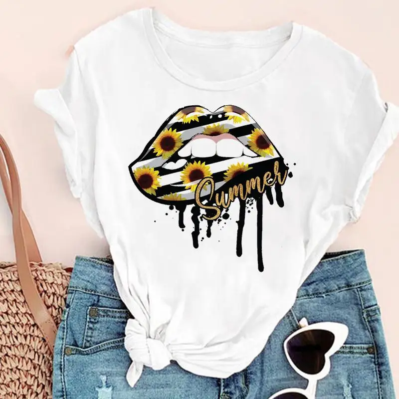 

Women Lip Watercolor Funny Camisetas Mujer vogue Print Graphic Summer Short Sleeve Female Clothes Tops Tees Tshirt T-Shirt