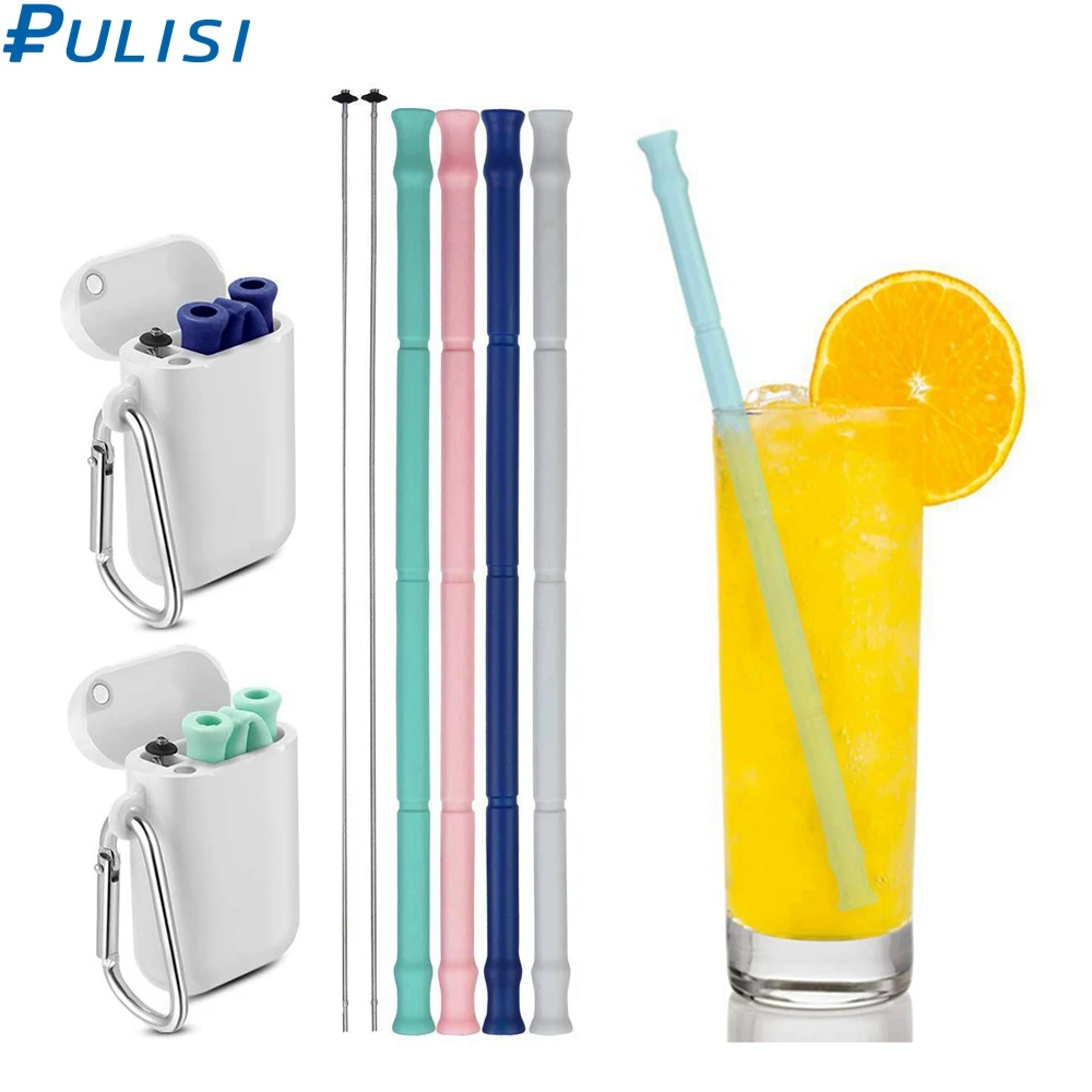 Складная Силиконовая трубочка PULISI с чехлом для переноски и чистящей щеткой не