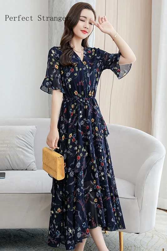 

2020 Summer New Arrival High Quality Elegant V Collar Short Sleeve Printed Women Chiffon Long Dress