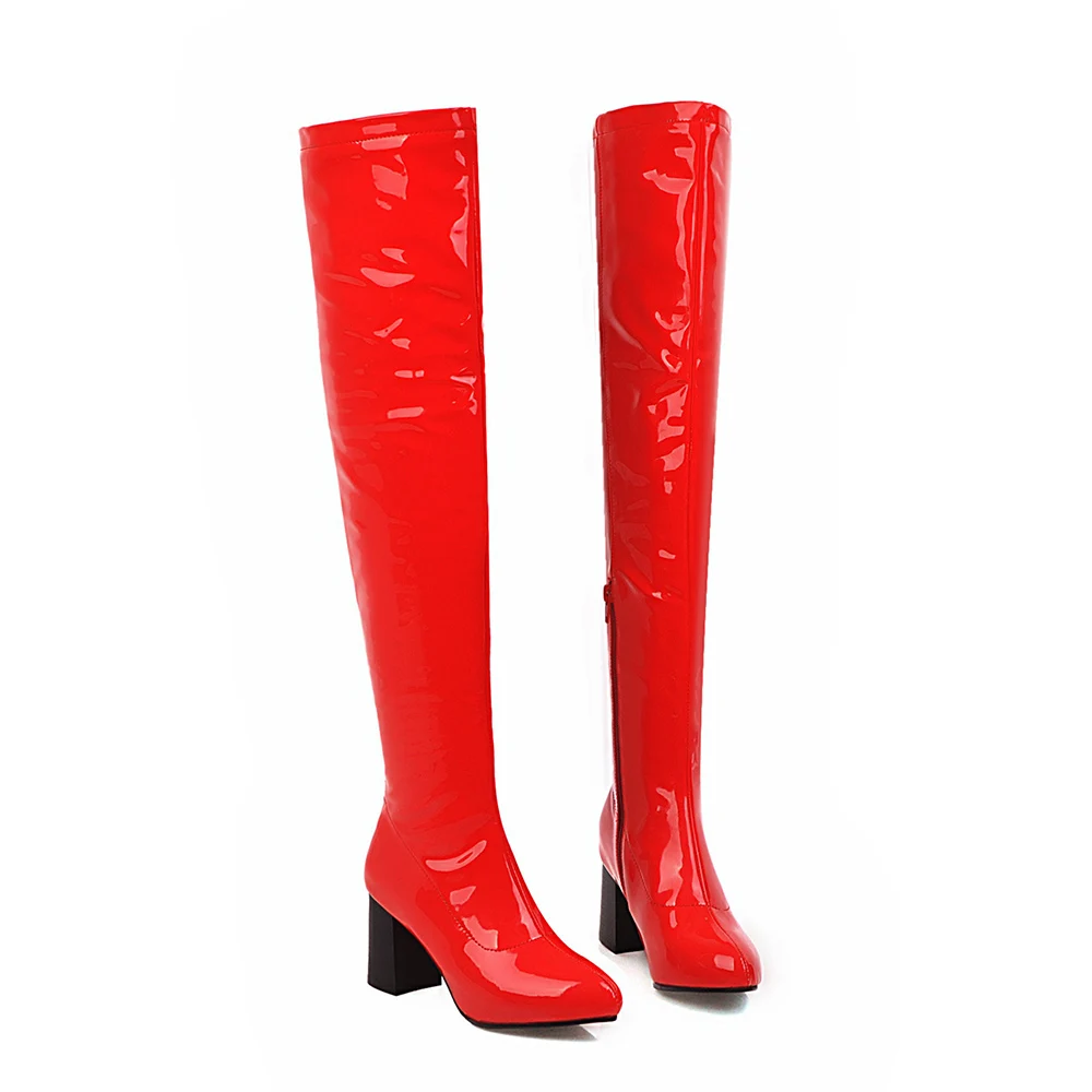 Red Thick Lining Г., новые женские зимние блестящие сапоги до бедра черного и белого цвета женская обувь на высоком каблуке ES756, большие размеры 10, 43, 45, 48 - Цвет: Red Thick Lining