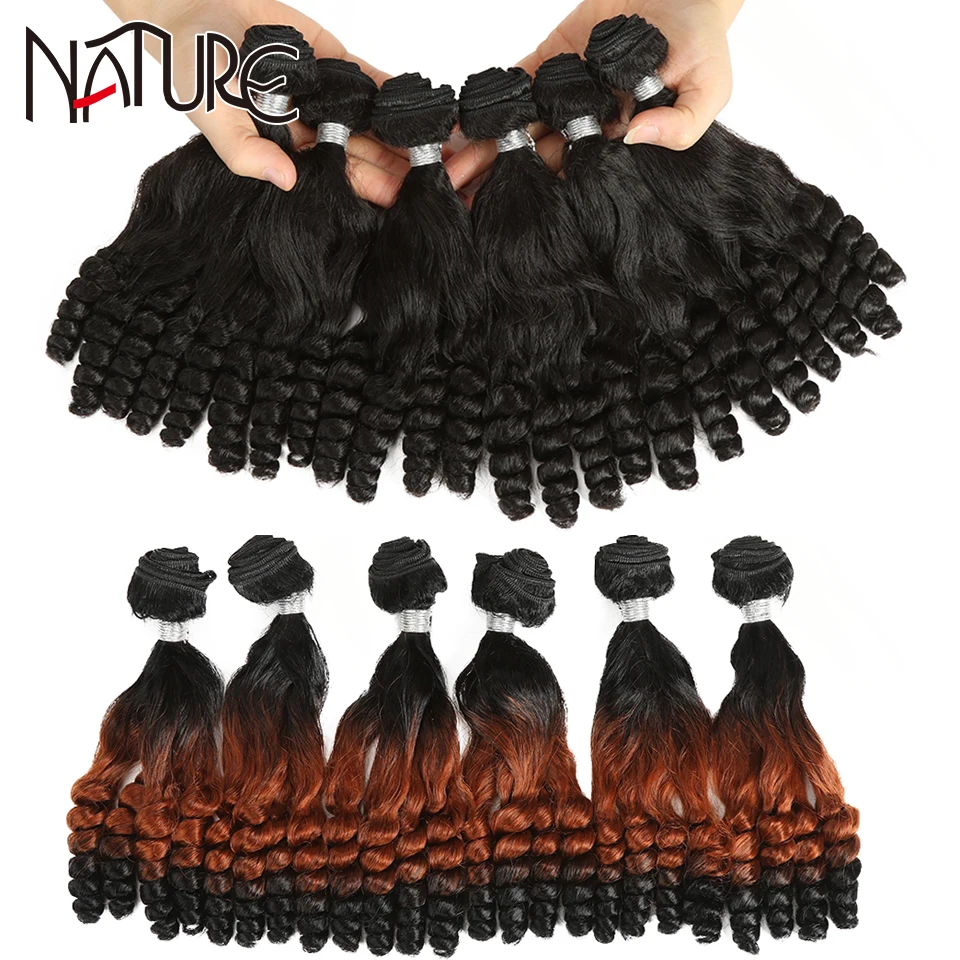 

Nature Hair Synthetic Afro Kinky Curly Hair Bundles With Closure 14 Inch Ombre Upper Straight Lower Bend High Temperature Fiber