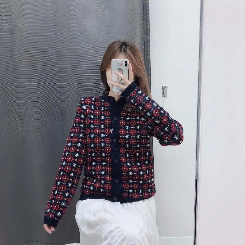 Женский вязаный кардиган с длинным рукавом винтажный свитер цветочным принтом в