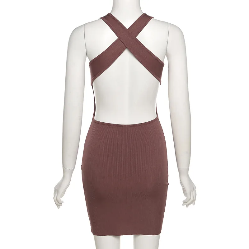 

Fashion Ribbed Kintted Sexy Bandage Mini Dress Women Sleeveless Backless Elegant Club Party Solid Dresses Bodycon