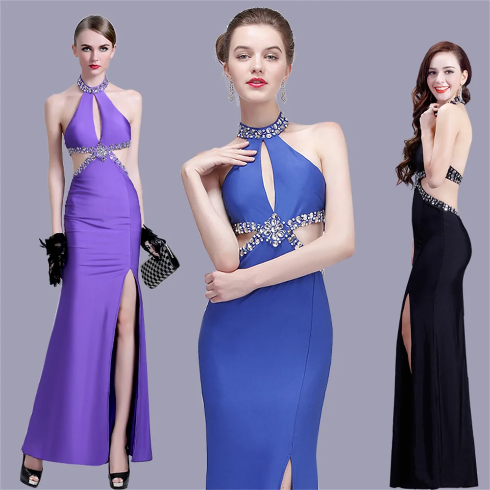 Black Rhinestone Nightclub Sexy Chest Open Back Dress High Slit Formal Women Party Gowns