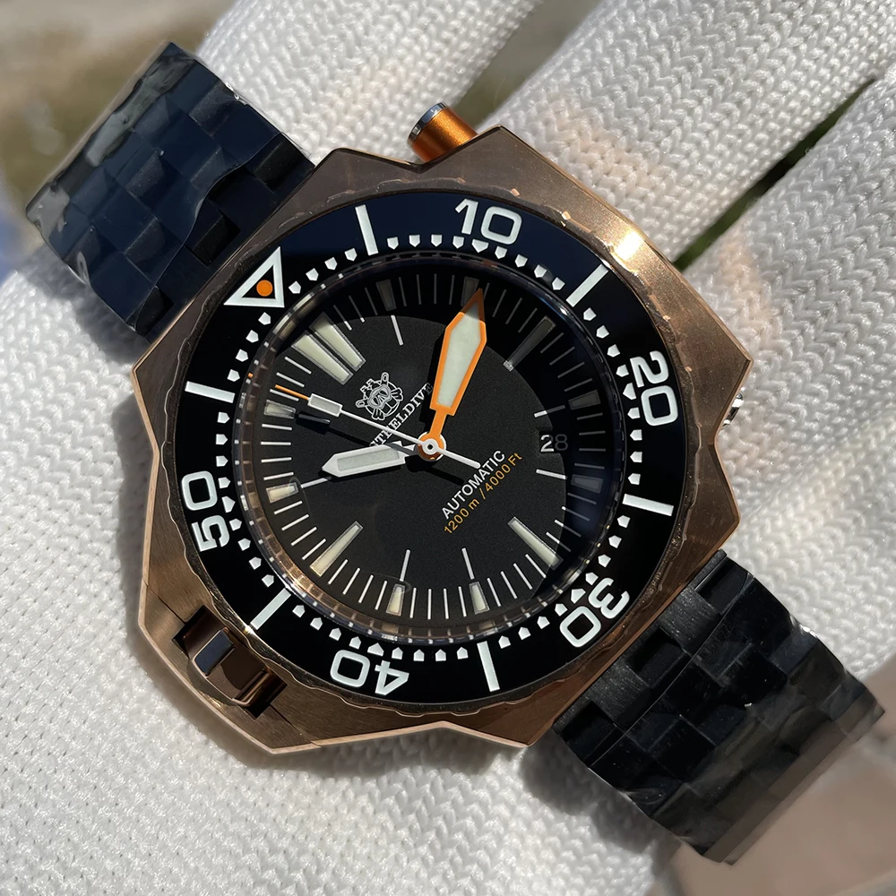 

Мужские водонепроницаемые часы для дайвинга STEELDIVE 1200 м, бронзовые автоматические механические часы CUSN8 SD1969S NH35 с керамической рамкой и подсв...