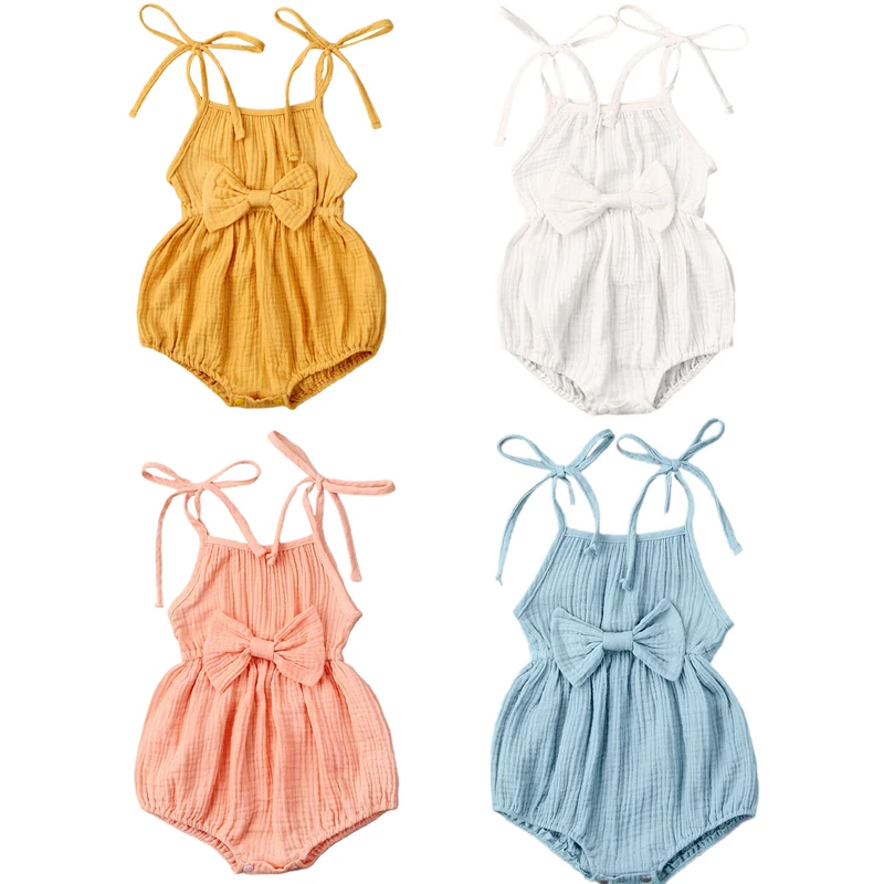 Ropa de verano para beb&eacute; reci&eacute;n nacido, Pelele de Srap, mono de lino de algod&oacute;n s&oacute;lido, conjunto de trajes con lazo, suave-5