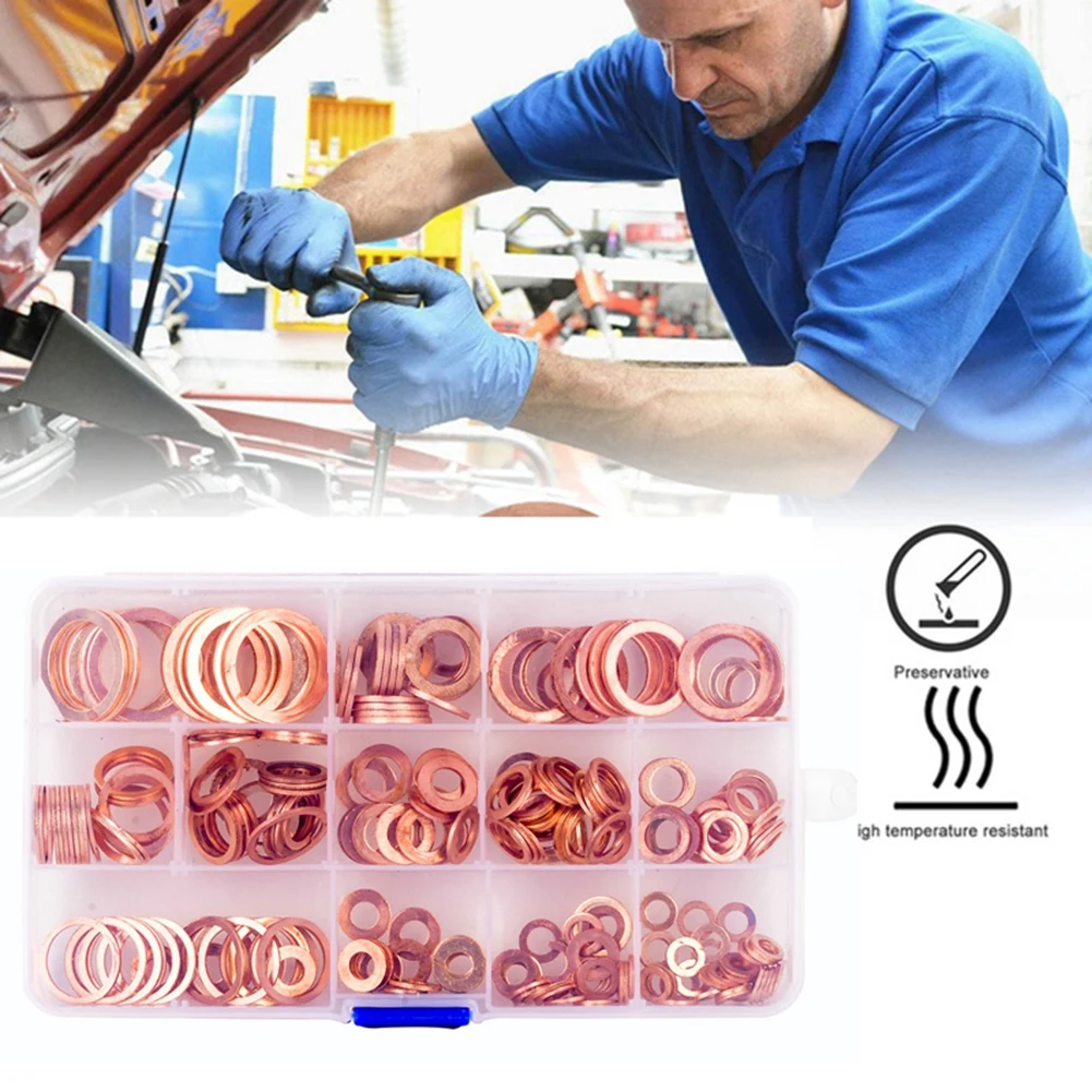 

280pcs 12 Sizes Assorted Solid Copper Crush Washers Seal Flat Rings Kit W/ Storage Box