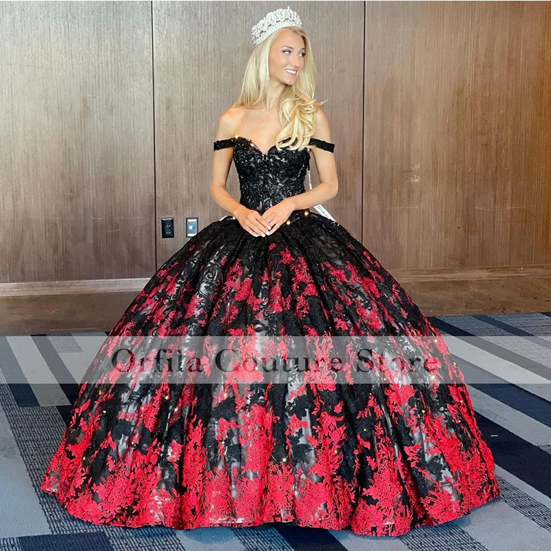 

Red Black Quinceanera Dress 2022 Off Shoulder Appliques Lace Party Sweet 16 Gown Vestidos De 15 Años XV