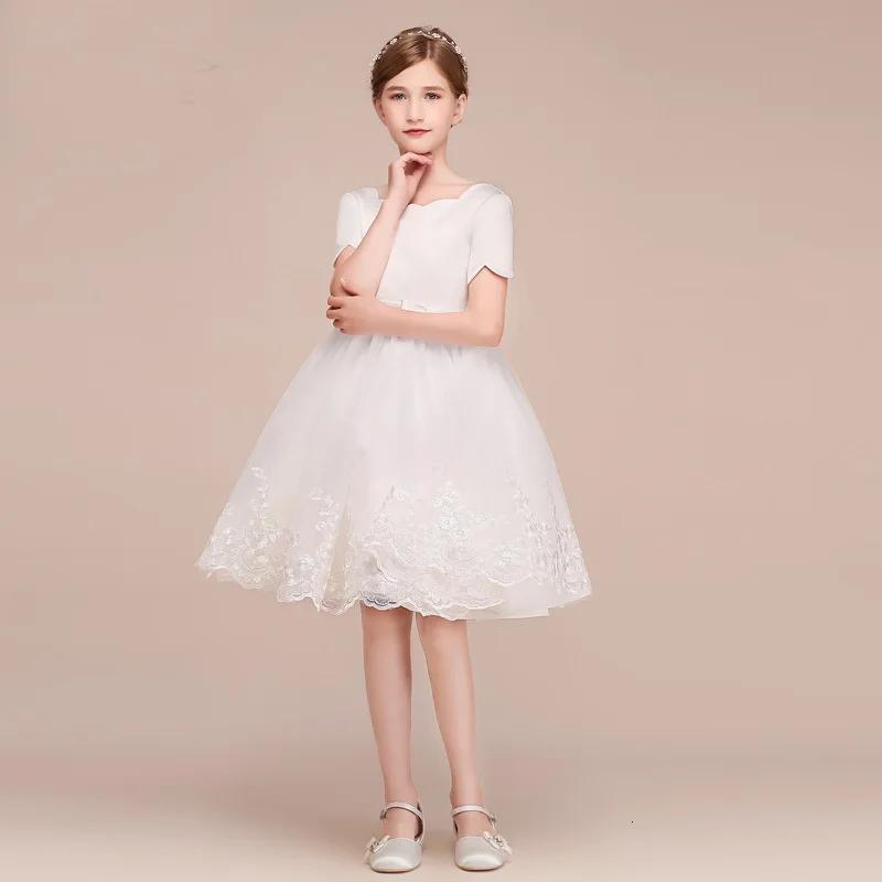 Ball Gown Princess Short White Flower Girl Dresses For Wedding Satin Tulle Girls First Holy Communion Dresses