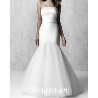 mermaid trumpet wedding dresses strapless floor length tulle italy satin sleeveless simple with ruched 2021