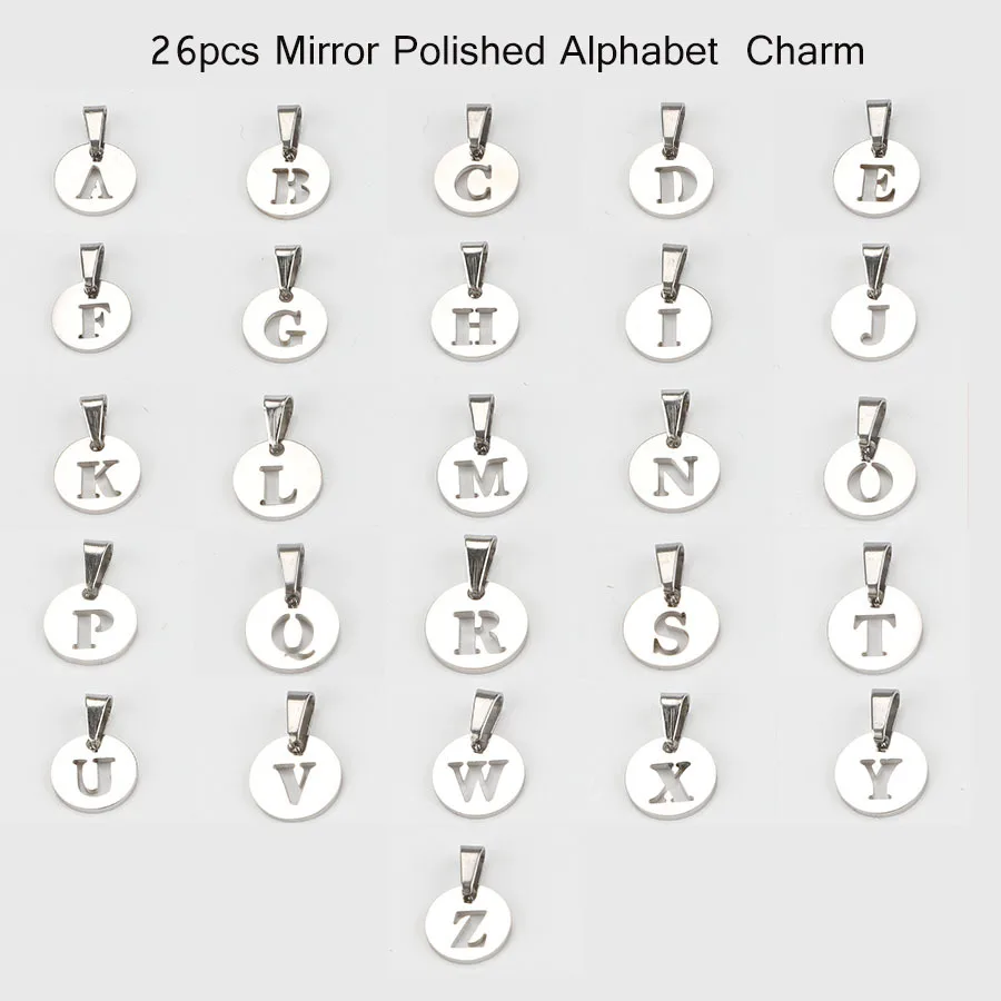 

Stainless Steel Alphabet Letters Charm 10mm Round Hollow Metal A-Z Alphabet Charms Mirror Polished Wholesale 26pcs