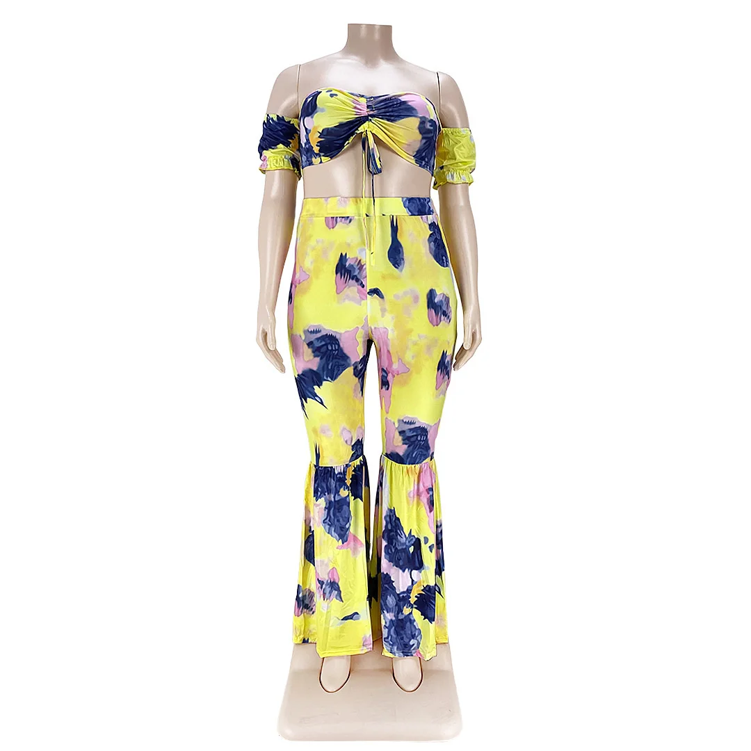 

Cutubly Wide Leg Pants Women Set Tie Dye Sexy 2 Piece Set Women Off Shoulder Casual Hollow Out Loose Crop Top And Pants Set