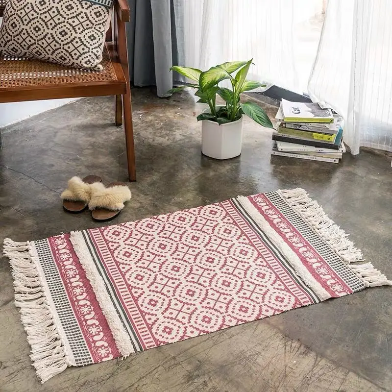 

Retro Bohemian Hand Woven Cotton Linen Carpet Tassel Rug Geometric Floor Mat Bedroom Tapestry Decorative Blanket Area Rug