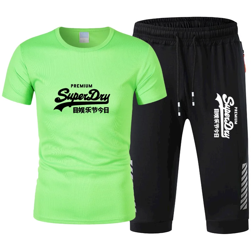 

2021 new men's mesh T-shirt shirt + pants two casual sports suit summer quick-drying T-shirt sweatshirt 7 points pants suit
