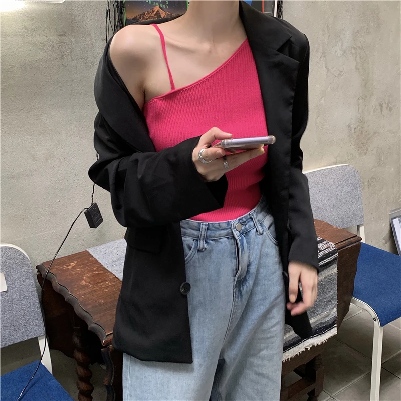 

solid color women thin knitted summer new belt tank 4896#