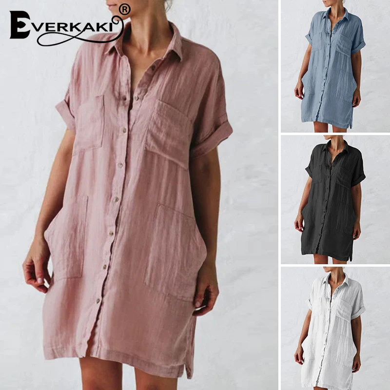 

Everkaki Mini Shirt Dress Women Summer Beach Cotton and Linen Pockets Pink Boho Plus Size Short Shirtdress Vestidos Female 2021