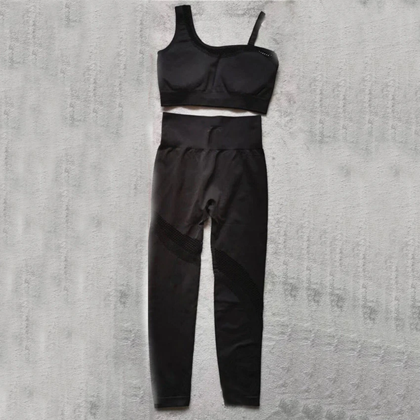 CB1191 black set Женский спортивный костюм, комплект для йоги на одно плечо, бесшовный костюм для фитнеса, спортивный бюстгальтер для бега, штаны для йоги, леггинсы, женский костюм, одежда для спортзала - Цвет: CB1191 black set
