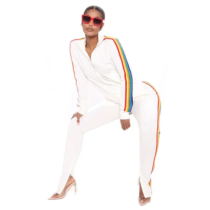 

Cutubly Two Piece Set Outfit Autumn Fashion Rainbow Striped Women'S Set Jacket Flare Bellbottom Pants Suit Tracksuit Fitness