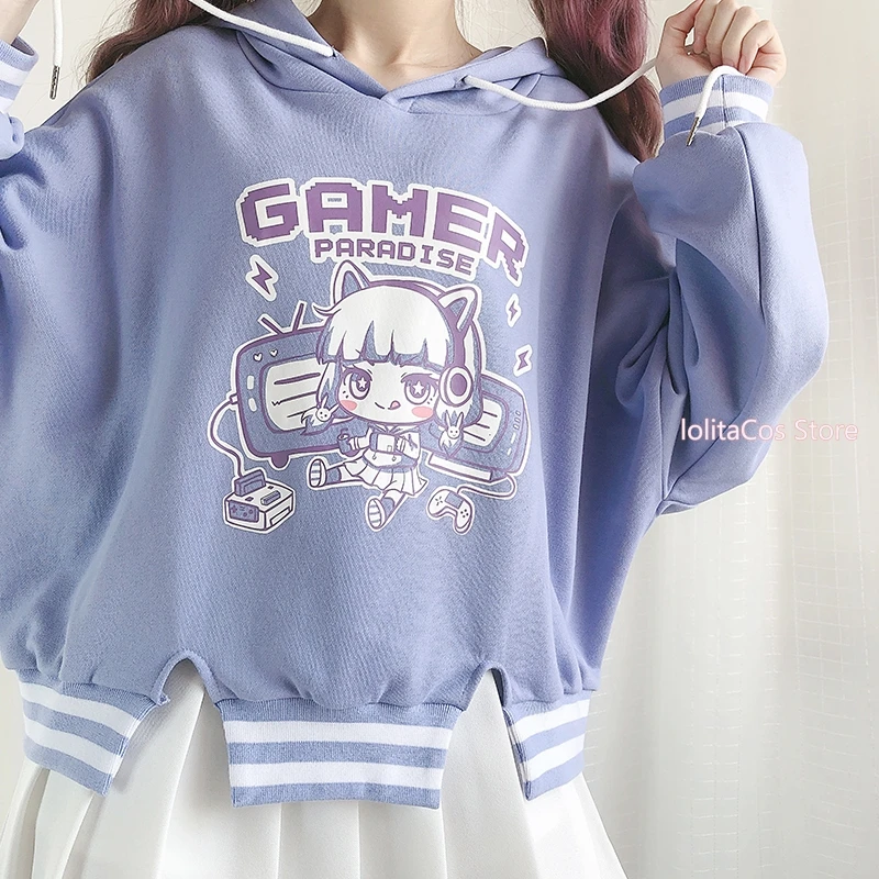 

Harajuku Women Pullover Gamer Paradise Girl Cartoon Printed Hoodie Lolita Autumn Winter Violet Short Splicing Hooded Sweatshirt