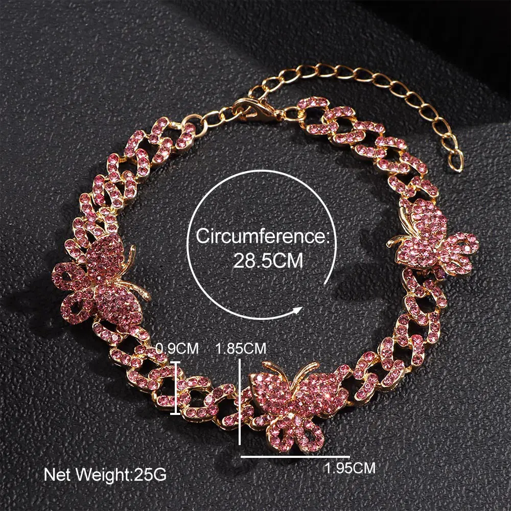

Bohemia Crystal Butterfly Cuban Link Anklet Bracelet for Women Shiny Rhinestone Miami Cuban Link Chunky Anklet Barefoot Jewelry