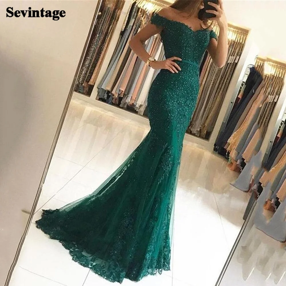 

Sevintage темно-зеленое Русалка Формальное вечернее платье с открытыми плечами с аппликацией кружевная обувь с украшением в виде кристаллов вы...