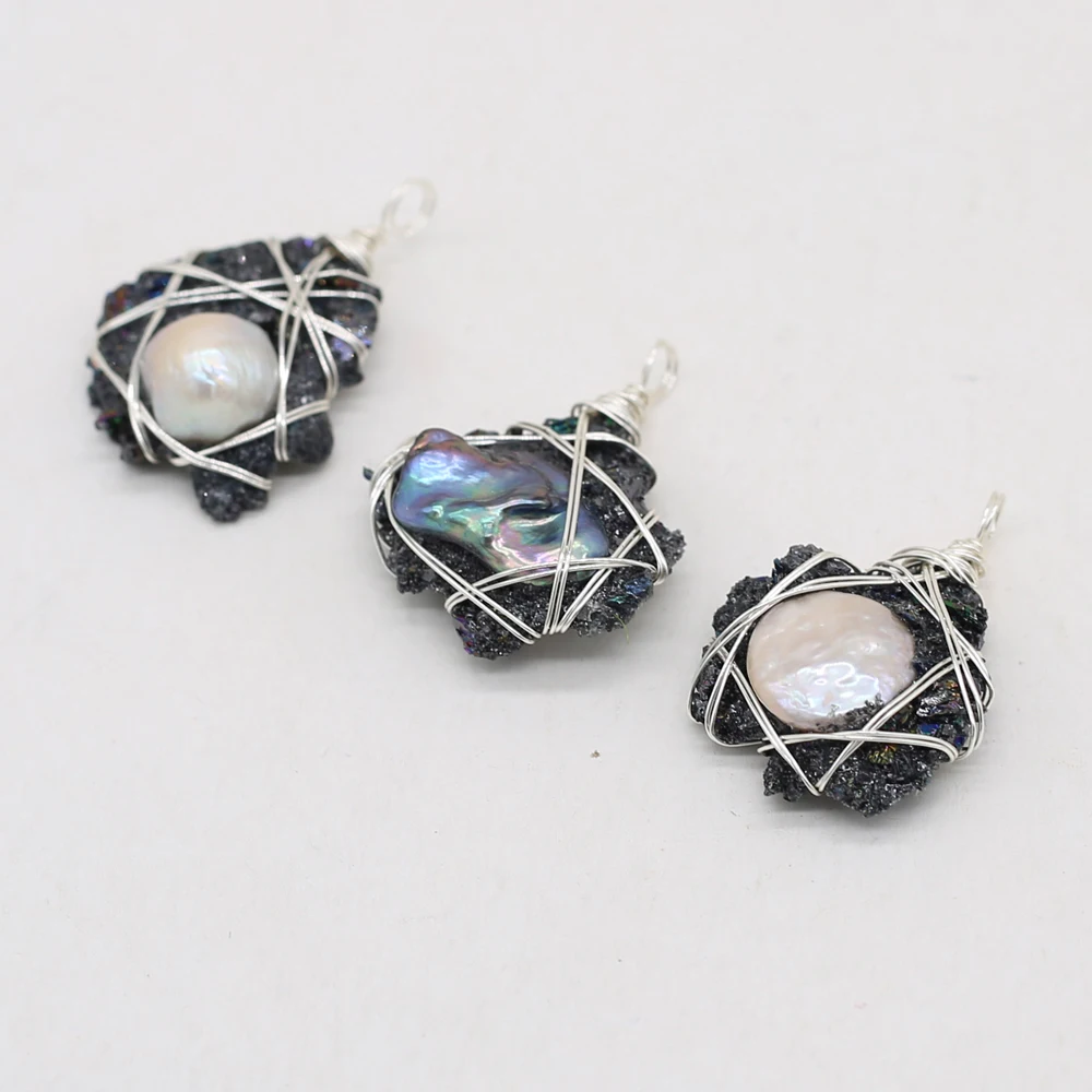 

Natural Semi-precious Stone Irregular Black Crystal Bud Pearl Pendant Around Silver Wire for Jewelry Making Necklaces Gift