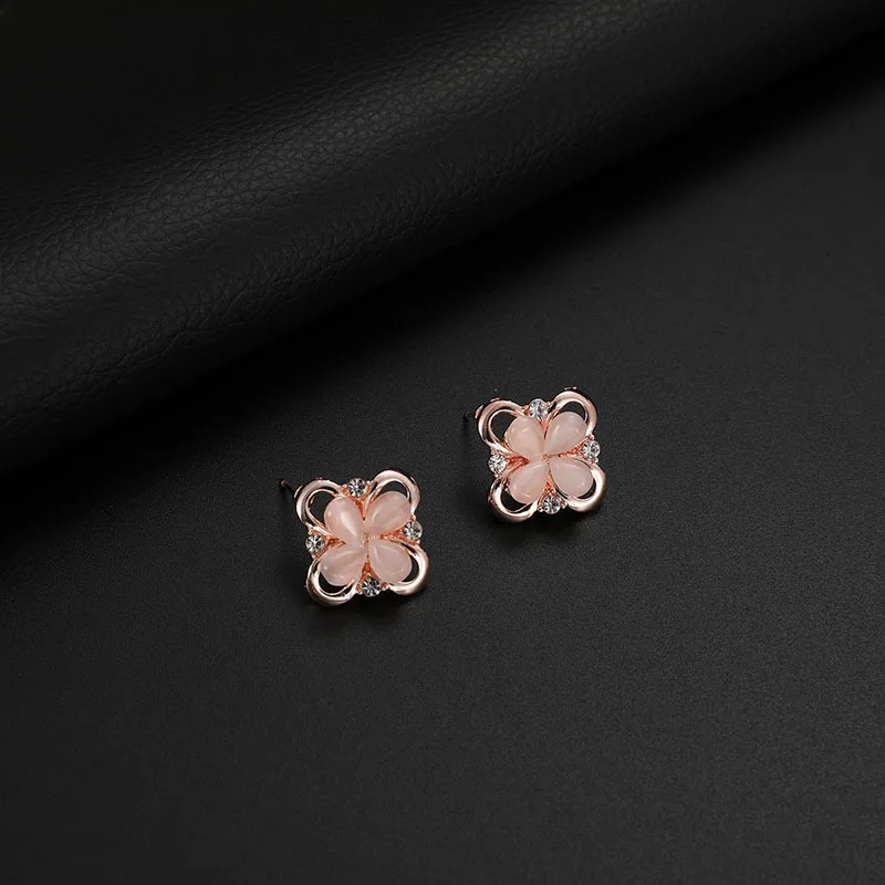 

Pink petal alloy opal shape earrings necklace jewelry set female stainless steel alloy simple wild temperament fashion jewelry