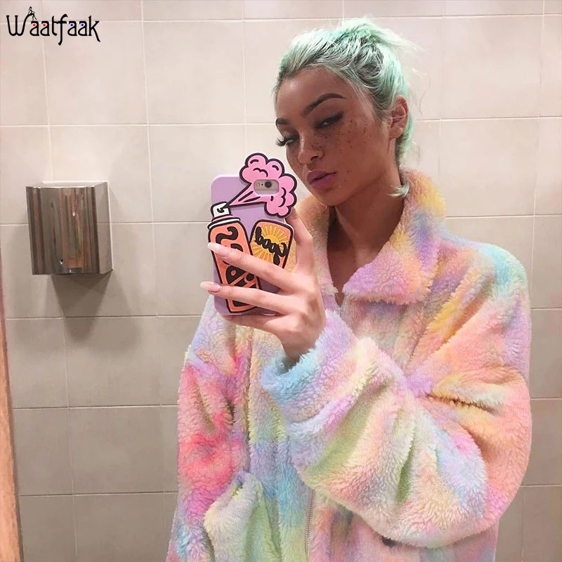 Waatfaak Colorfu зимнее пальто оверсайз для женщин Harajuku уличная куртка на молнии Женская куртка с отложным воротником из искусственного меха Женская Осенняя