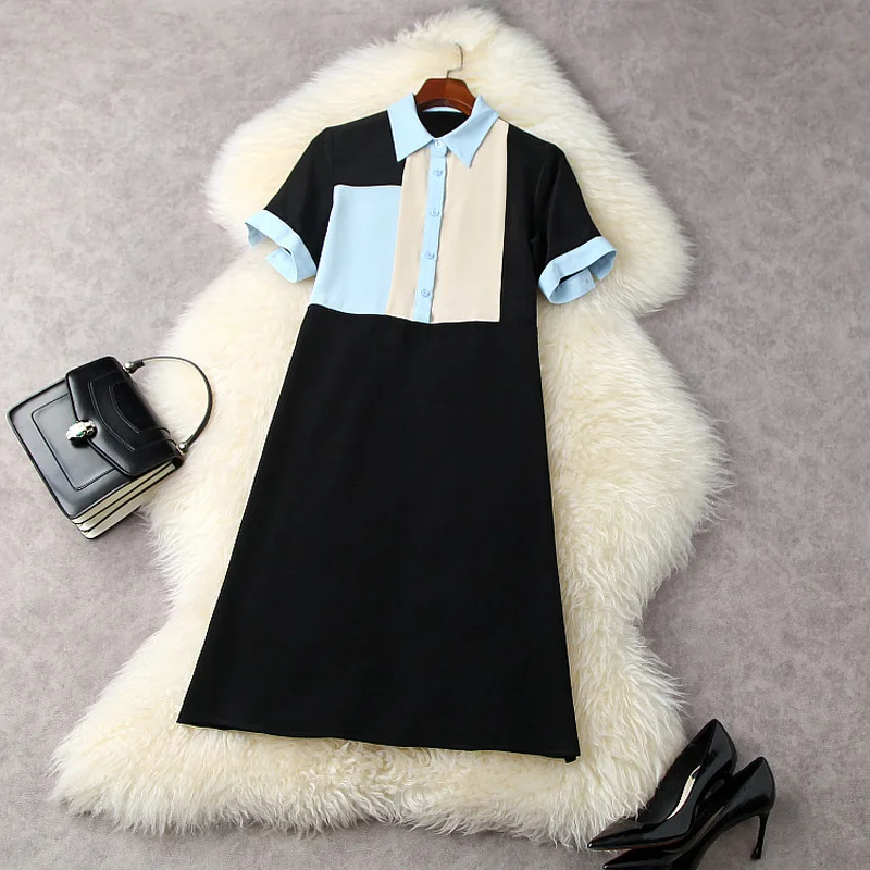 

Women elegant office lady turn down collar shift dress summer 2021 designer fashion loose color block short sleeve dresses