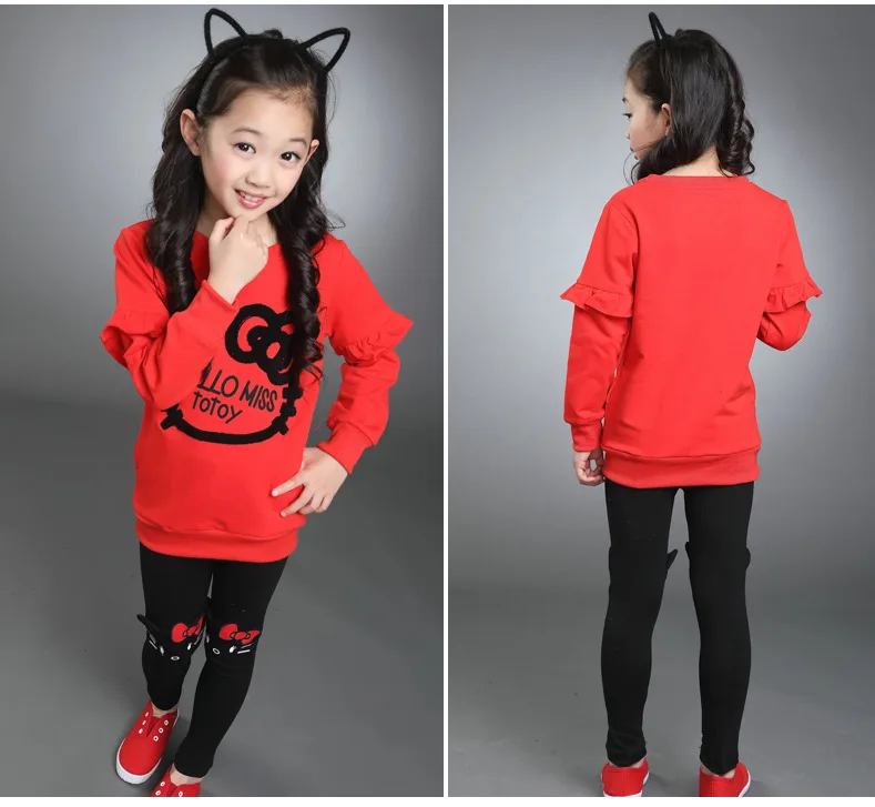 HELLO KITTY Комплекты одежды для девочек весна хлопок милый костюм для рубашка для девочек+ штаны комплект одежды для детей высококачественная одежда комплект