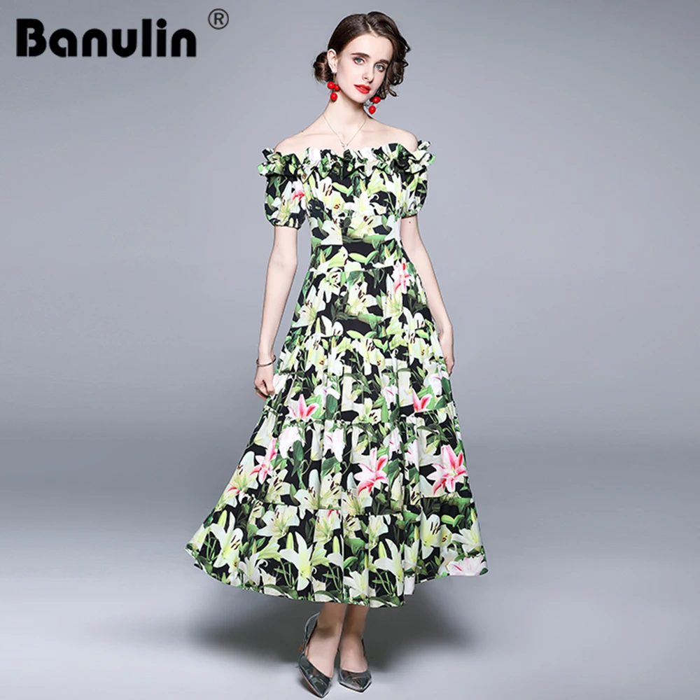 

Banulin 2021 летнее модное модельное праздничное длинное платье в стиле бохо, женское пляжное платье с оборками и вырезом лодочкой, пышным рукаво...