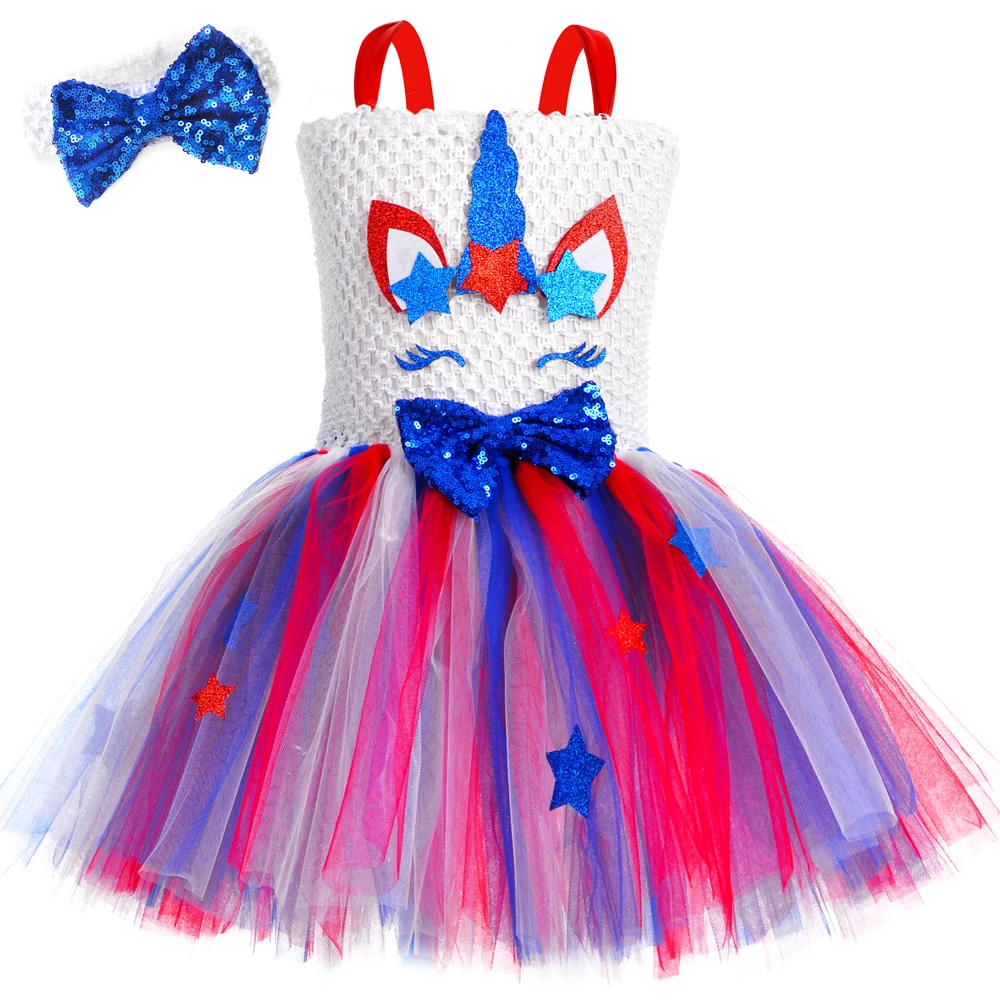 

Red Blue White Girls Unicorn Tutu Dress with Bow Hairband Independence Day 4th of July Costume for Kids Carnival Party Dresses