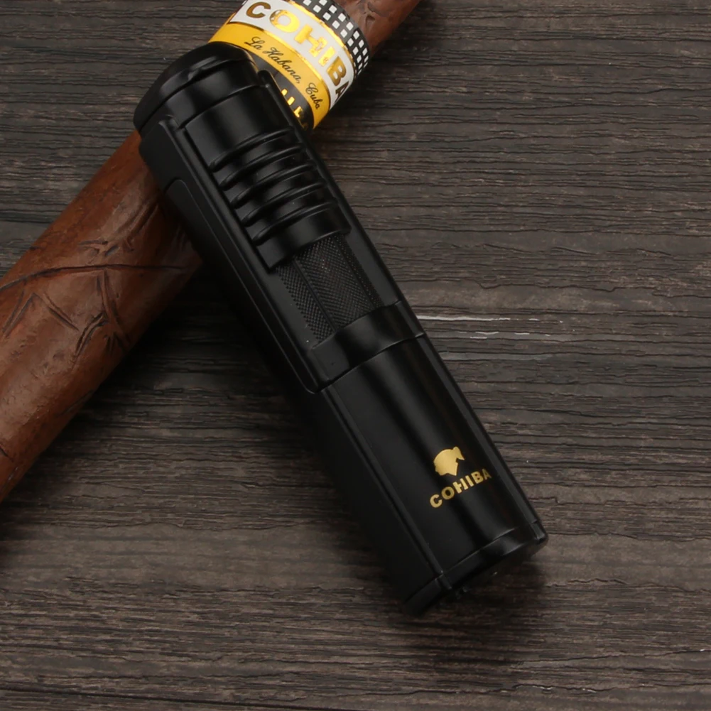 COHIBA карманные зажигалки Бутановая газовая зажигалка для Сигар Зажигалка металлическая мини ветрозащитная сигарета турбо Зажигалка курительная горелка W/Подарочная коробка - Цвет: Черный