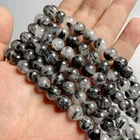 Натуральный камень, черный рутилированный кварц, круглые свободные богатые бусины для женщин, рукоделие, изготовление ювелирных изделий, браслет