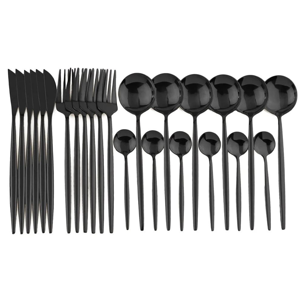 

Dinnerware Set Dinner Knife Fork Spoon Tableware Set Stainless Steel Flatware Silverware Wedding Hotel Glossy Black Cutlery Set