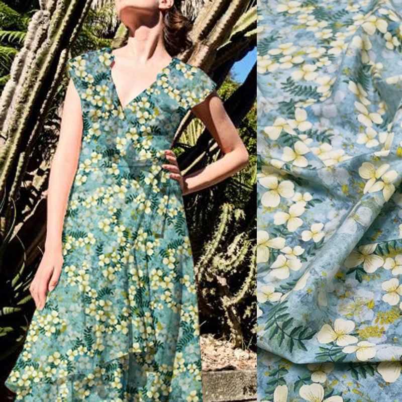 

140CM Wide 18MM Green Floral Print 93% Silk 7% Spandex Stretch Silk Crepe de Chine Fabric Dress Scarf 1 Meter Long D1127