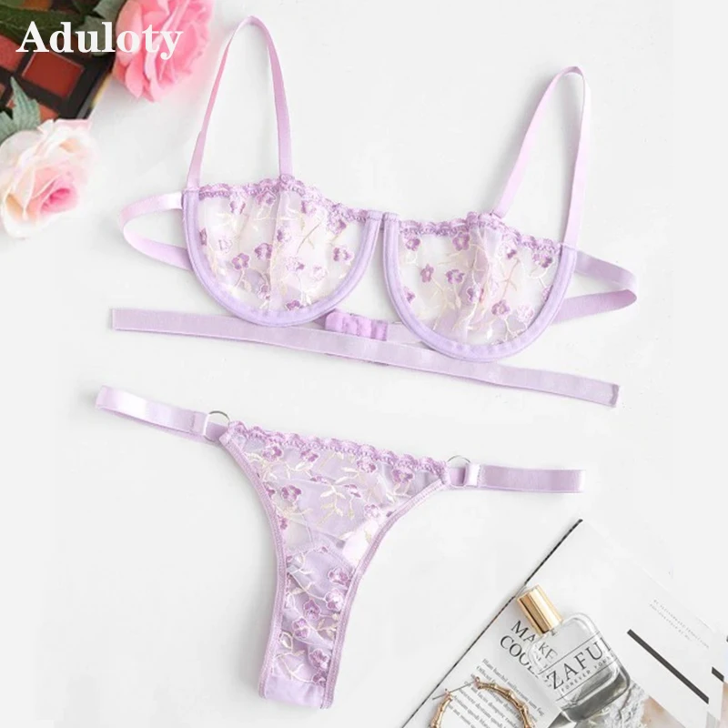 

Hot sale new style women's thin section mesh embroidered sexy underwear underwire gather bra panty set thong sexy lingerie set